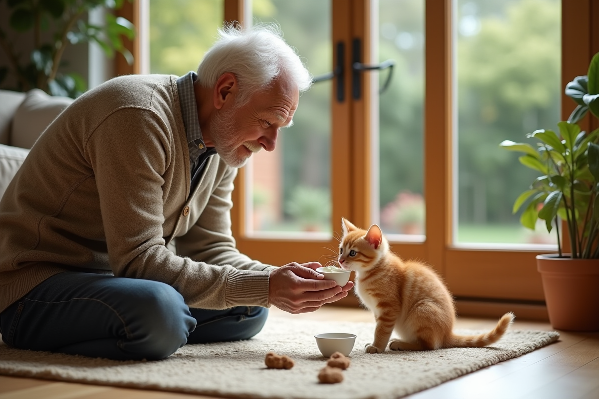 Homme âgé observant son chaton avec du yogourt dans le salon