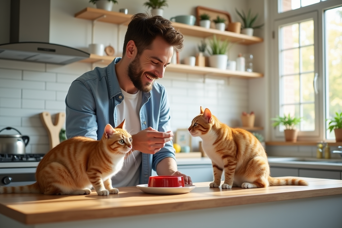 Homme heureux donnant à manger à deux chats dans une cuisine moderne