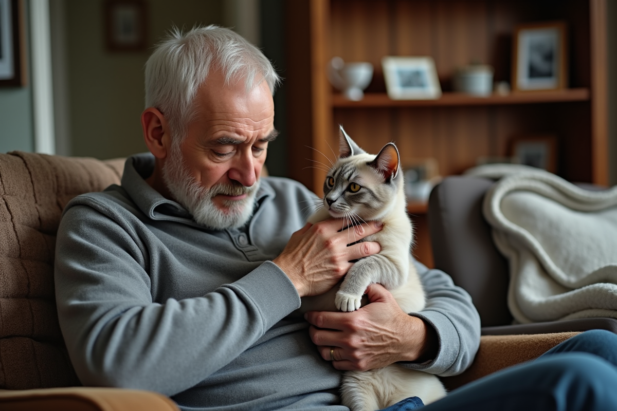 Homme âgé observant son chat dans un salon chaleureux