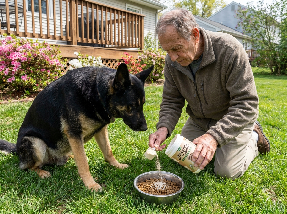 Homme donnant compléments à son chien dans le jardin