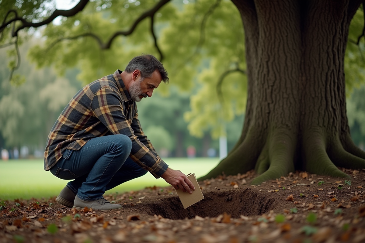 Homme en flanelle déposant une boîte dans la terre sous un chêne