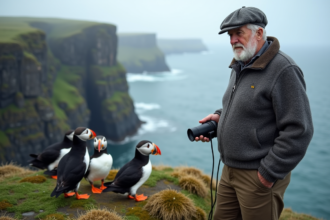 Homme islandais observant des macareux sur la côte