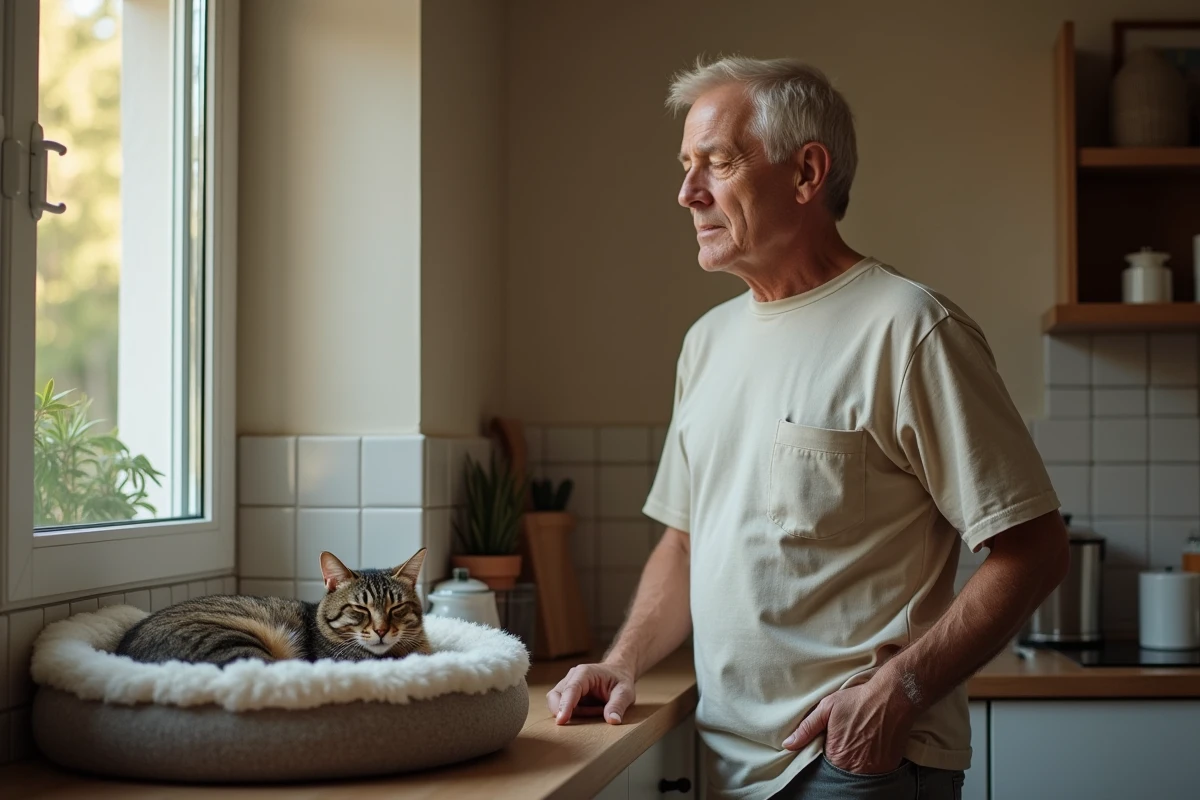 Homme observant son chat endormi dans la cuisine