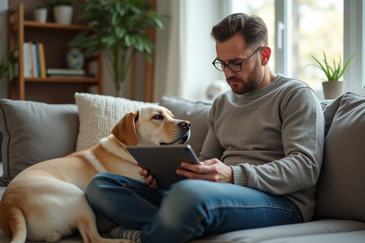 Homme rassurant son labrador dans un salon chaleureux