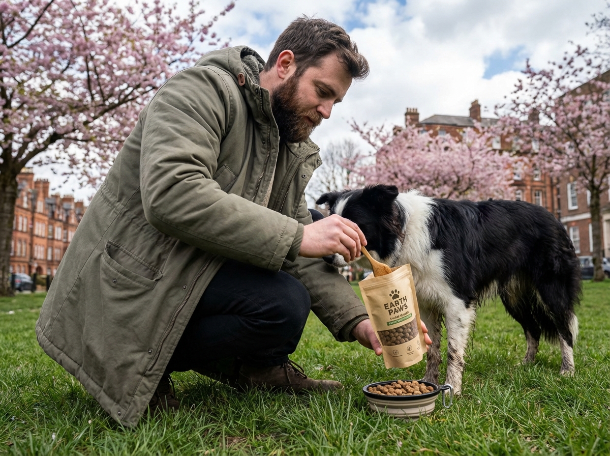 Homme avec son chien dans un parc urbain en train de donner de la nourriture