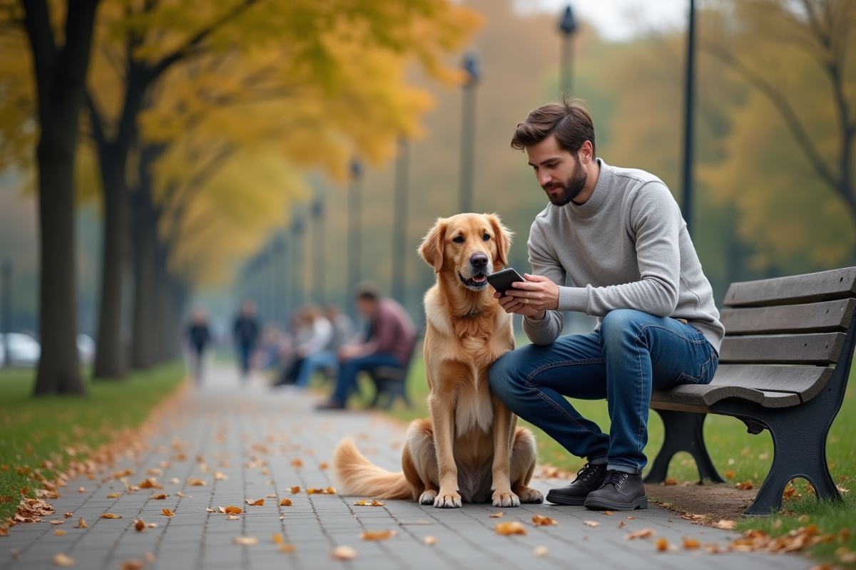 Jeune homme avec son chien dans un parc urbain