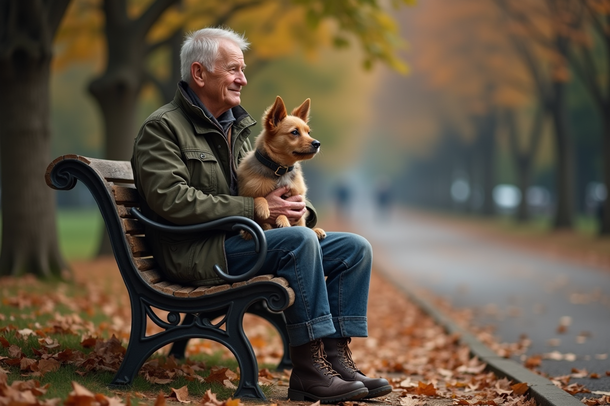 Homme âgé avec chien dans un parc en automne