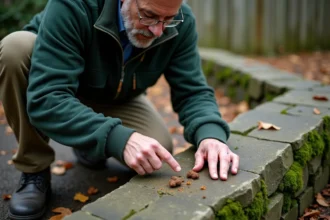 Homme en extérieur montrant deux excréments sur une pierre