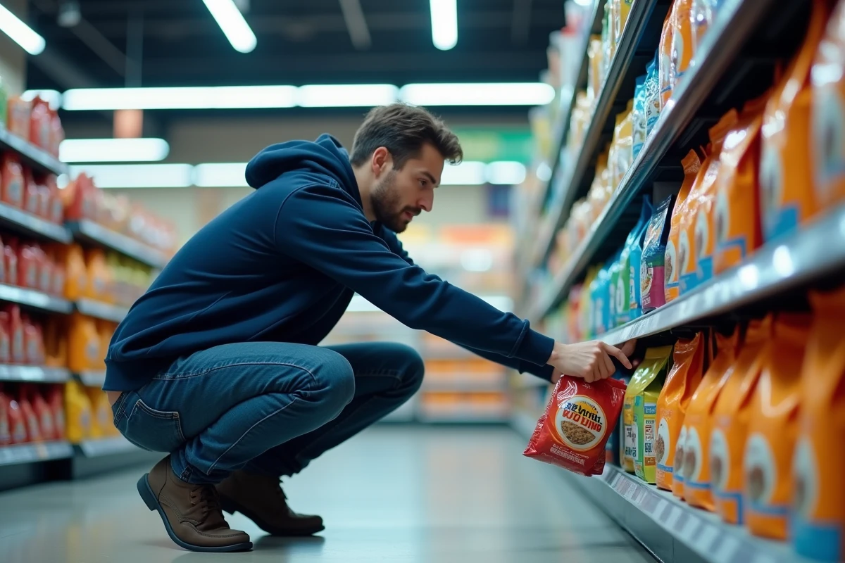 Homme pressé dans un supermarché attrapant un sac de croquettes pour chien sans lire la composition