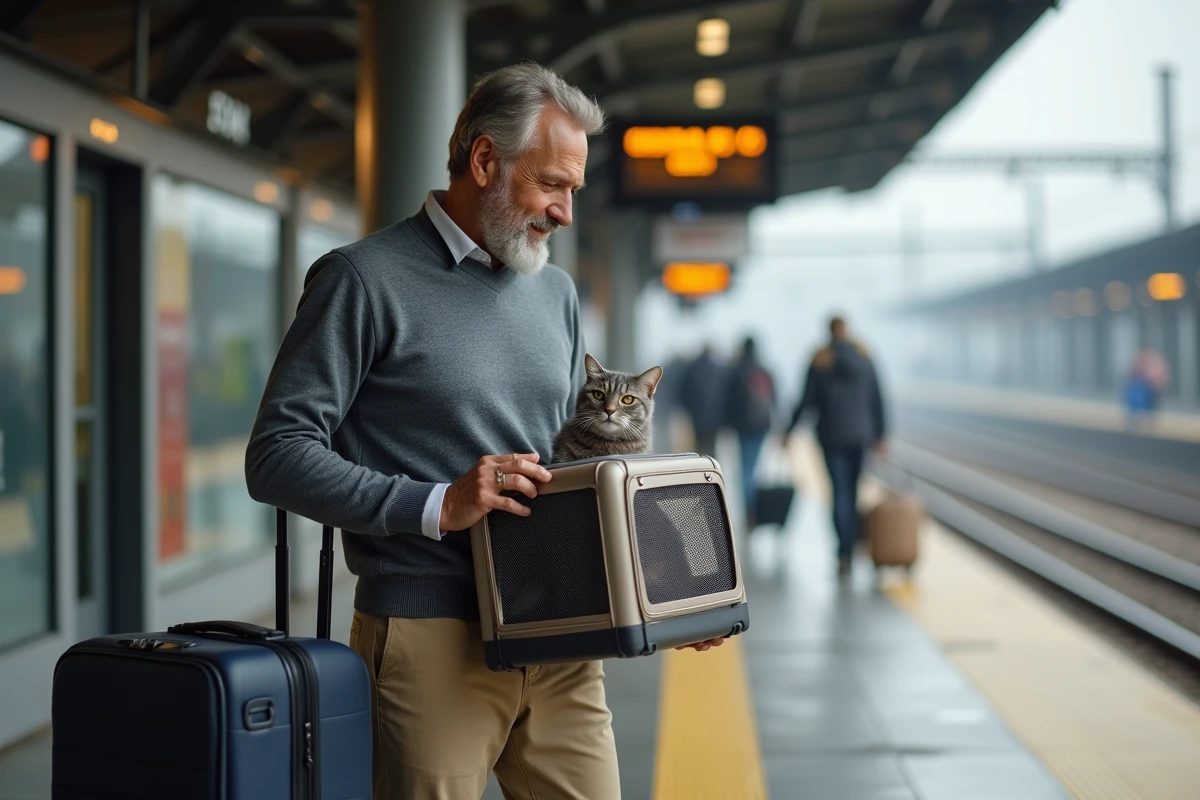 Homme sur un quai de gare avec un chat dans un sac de transport rigide avant de monter dans le train