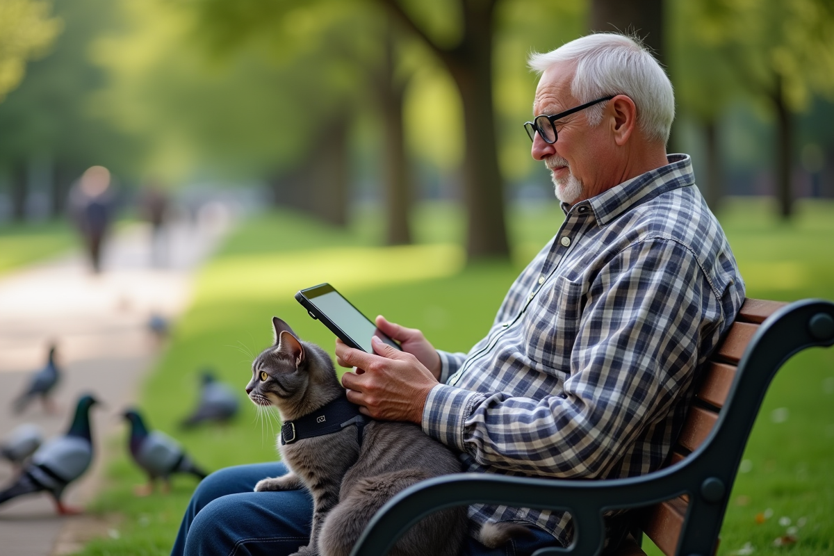 Homme âgé avec chat dans un parc utilisant une tablette