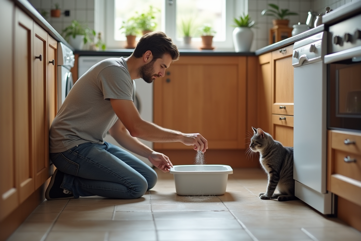 Homme saupoudrant du bicarbonate dans une litière pour chat dans la cuisine