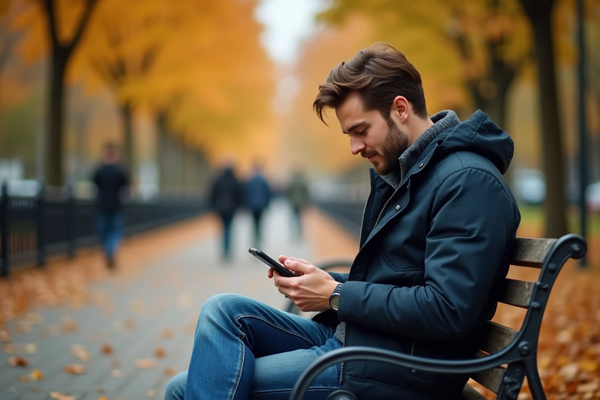 Homme contemplant son téléphone sur un banc de parc en automne