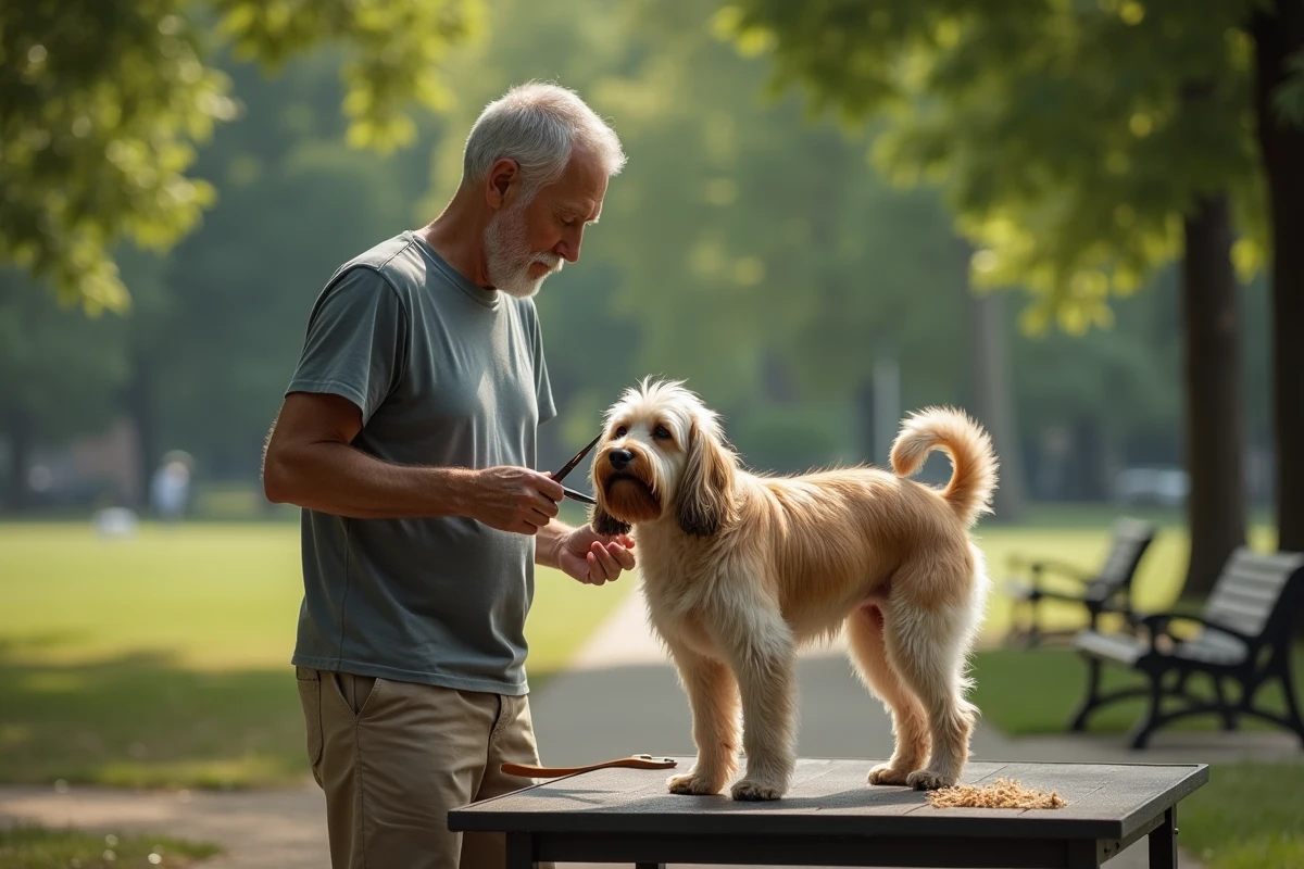Homme coupant le pelage d un chien dans un parc ombrage