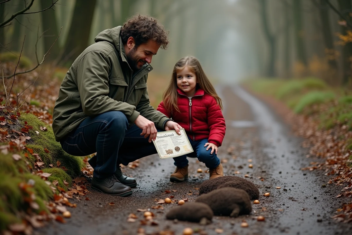 Père et fille identifiant des excréments de sanglier sur un sentier forestier en automne