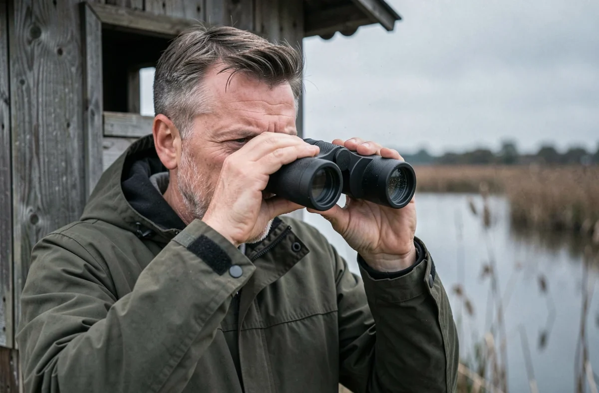 Ornithologue inspectant les oculaires de ses jumelles dans une réserve naturelle