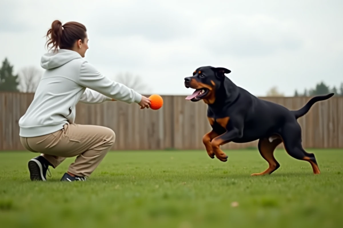 Femme jouant à lancer une balle avec son rottweiler dans un parc canin pour dépenser son énergie