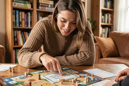Femme jouant à un jeu de société et pointant une carte quiz sur un animal commençant par Q