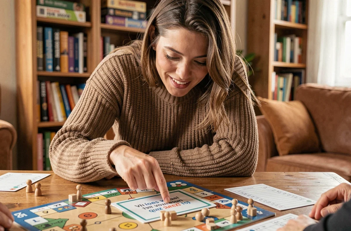 Femme jouant à un jeu de société et pointant une carte quiz sur un animal commençant par Q