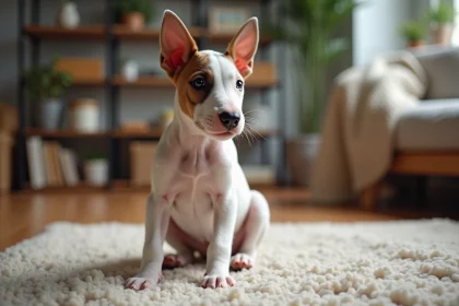 Jeune chiot Bull Terrier assis sur un tapis cosy