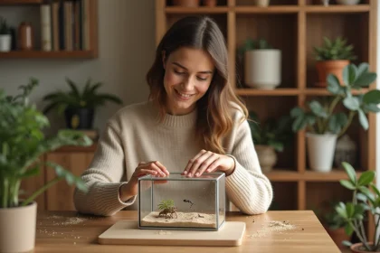 Jeune femme souriante assemble une fourmilière dans un intérieur chaleureux
