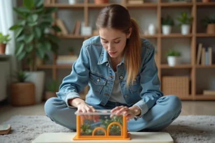 Jeune femme assemble un kit de fourmilière dans un appartement