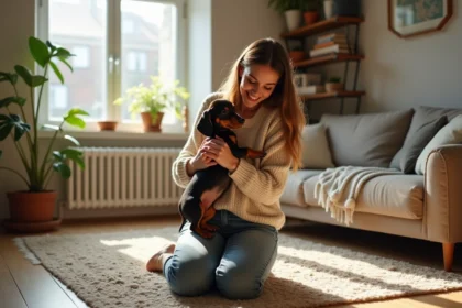 Jeune femme avec un chiot dachshund dans un salon lumineux