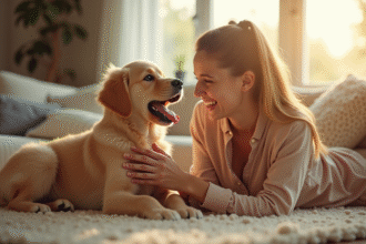 Jeune femme souriante jouant avec un chiot retriever dans un salon lumineux