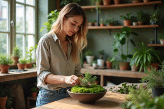 Jeune femme créant un glitterarium dans un studio parisien
