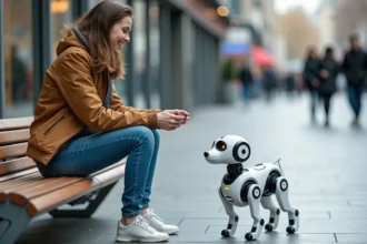 Jeune femme souriante avec robot chien dans la ville