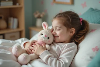 Jeune fille avec doudou en pyjama dans son lit