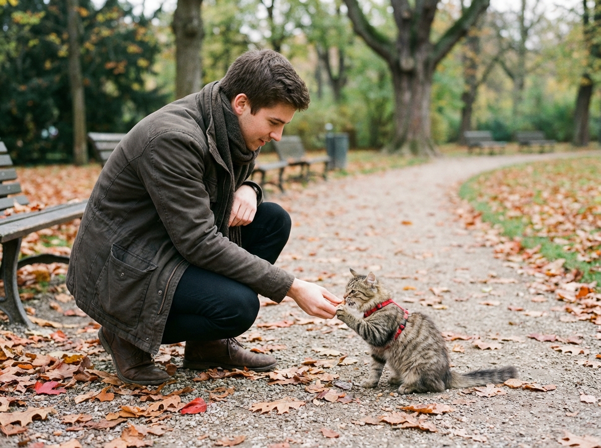 Jeune homme en veste offrant une friandise à un chat dans un parc