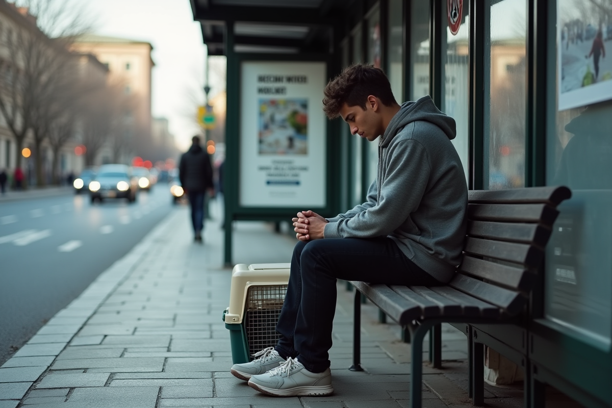 Jeune homme pensive avec un chat dans un arrêt de bus