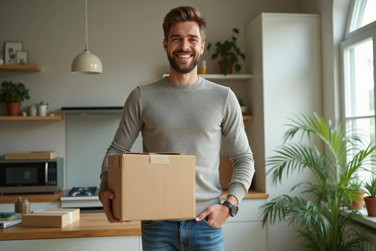 Jeune homme tient un kit de fourmilière dans sa cuisine lumineuse