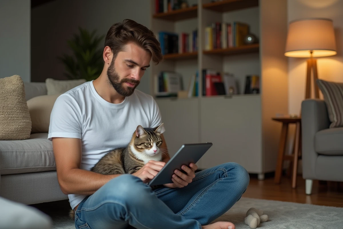 Jeune homme avec chat regardant une tablette d