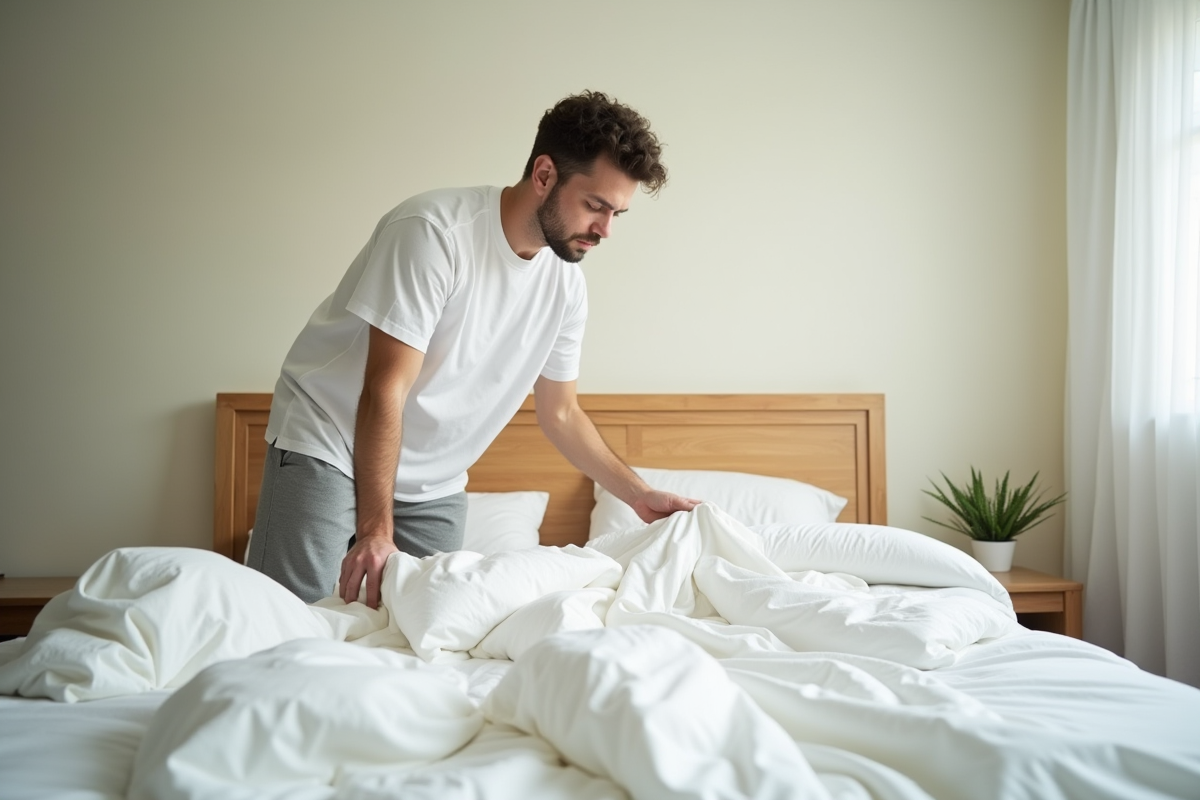 Jeune homme étale des draps blancs sur un lit dans une chambre lumineuse