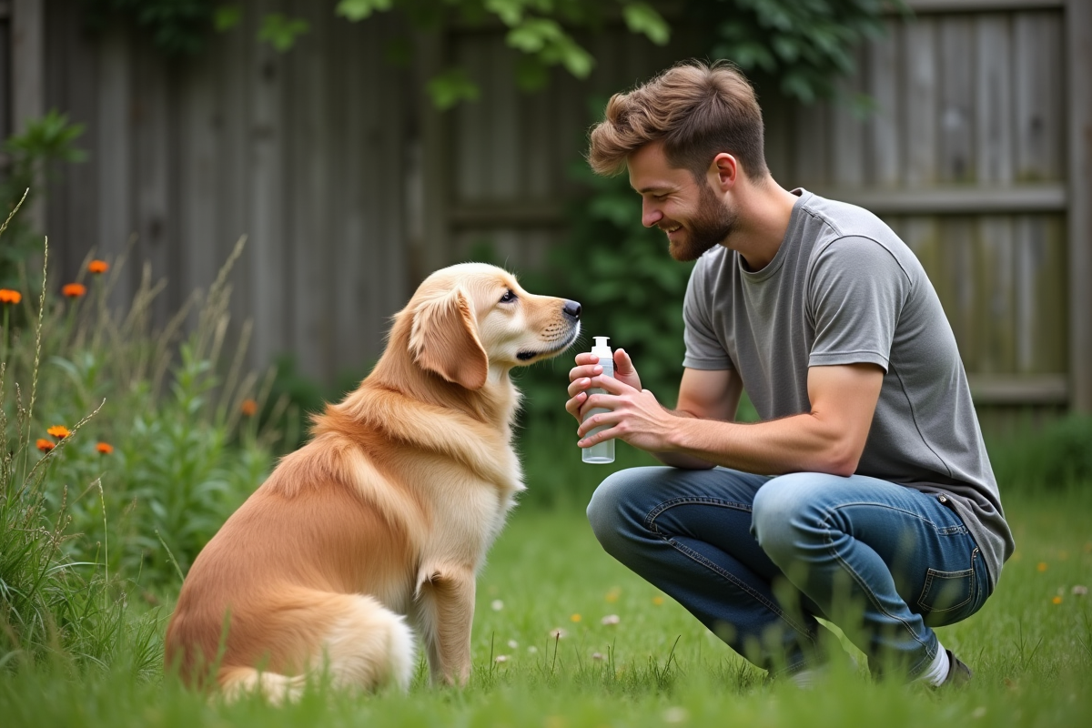 Jeune homme appliquant un spray anti-puces à son chien dans le jardin