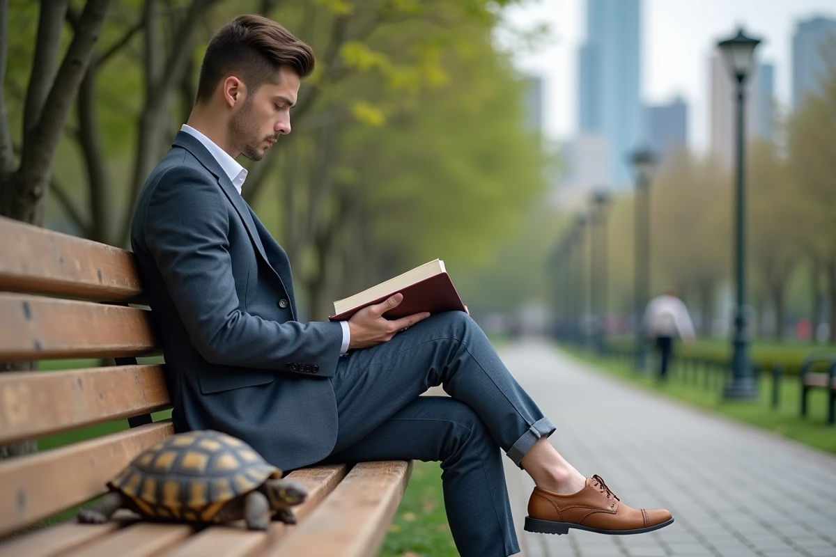 Jeune homme lisant un livre avec une tortue dans un parc urbain