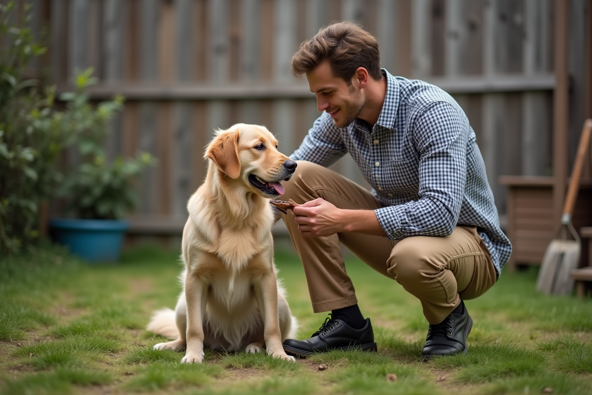 Jeune homme pet sitter avec un chien dans un jardin extérieur