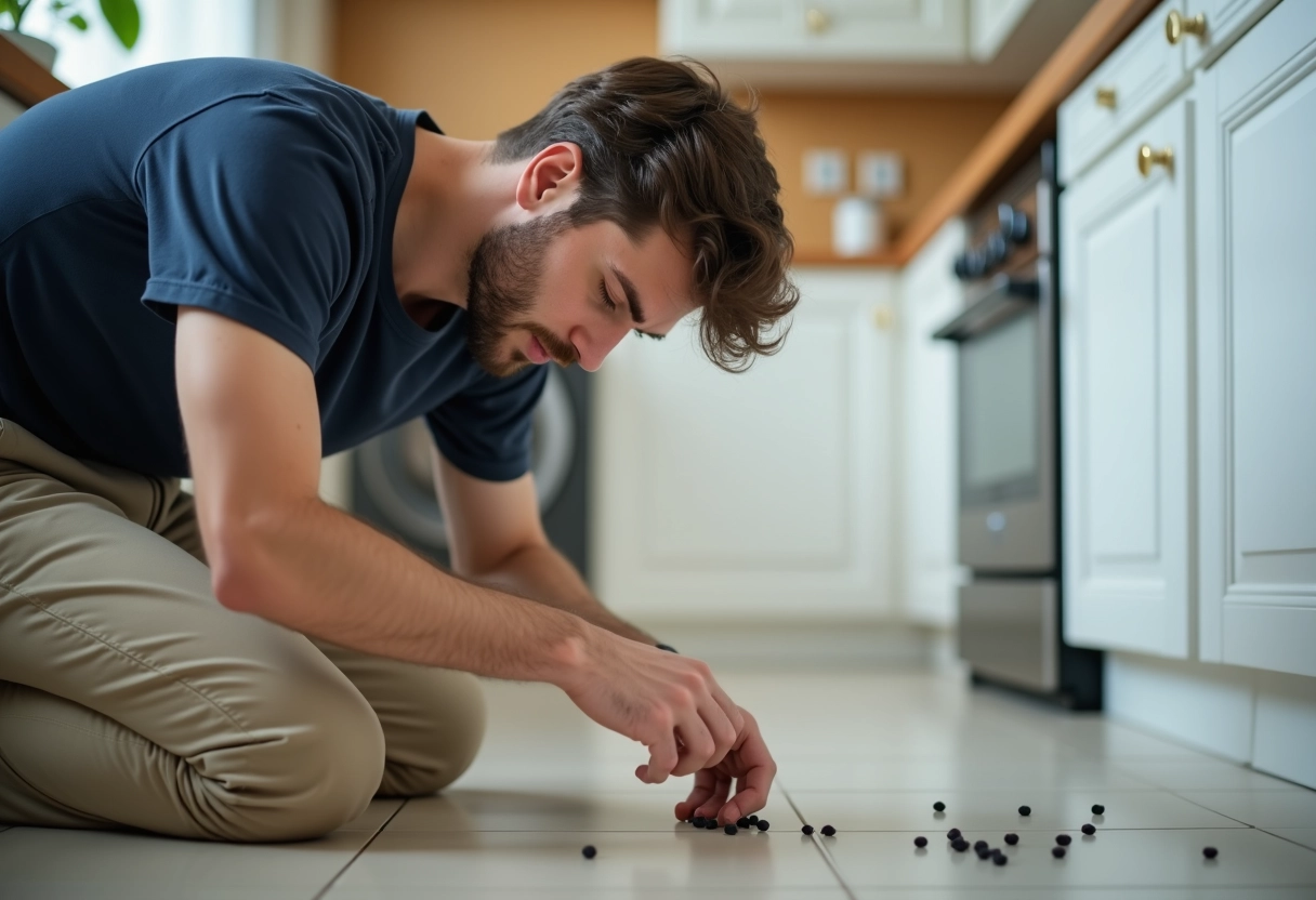 Jeune homme inspectant des particules sur le sol de la cuisine