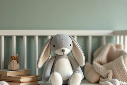 Jouet-lapin en peluche Petsboro posé sur une étagère de chambre d'enfant avec coutures de sécurité visibles