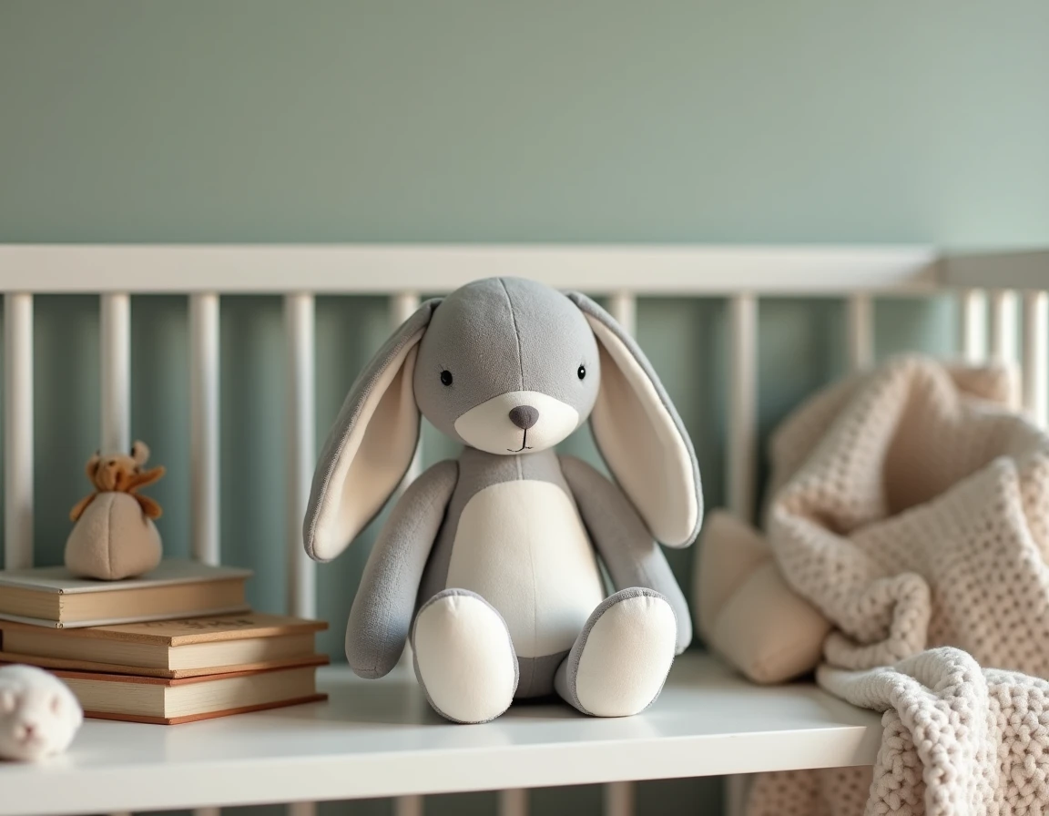 Jouet-lapin en peluche Petsboro posé sur une étagère de chambre d'enfant avec coutures de sécurité visibles