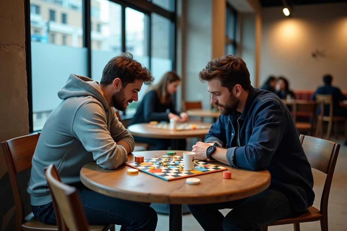 Deux hommes jouant à un jeu de société dans un café urbain, illustrant la dimension jeux et communauté d'aplouf.com