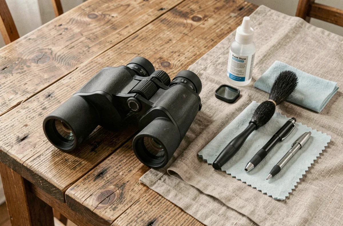 Kit d'entretien complet pour jumelles d'ornithologie posé sur une table en bois