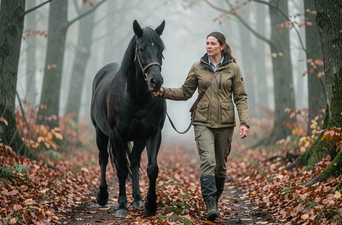 Femme menant un cheval Mérens noir sur un sentier forestier automnal normand à La Cavale Mérens