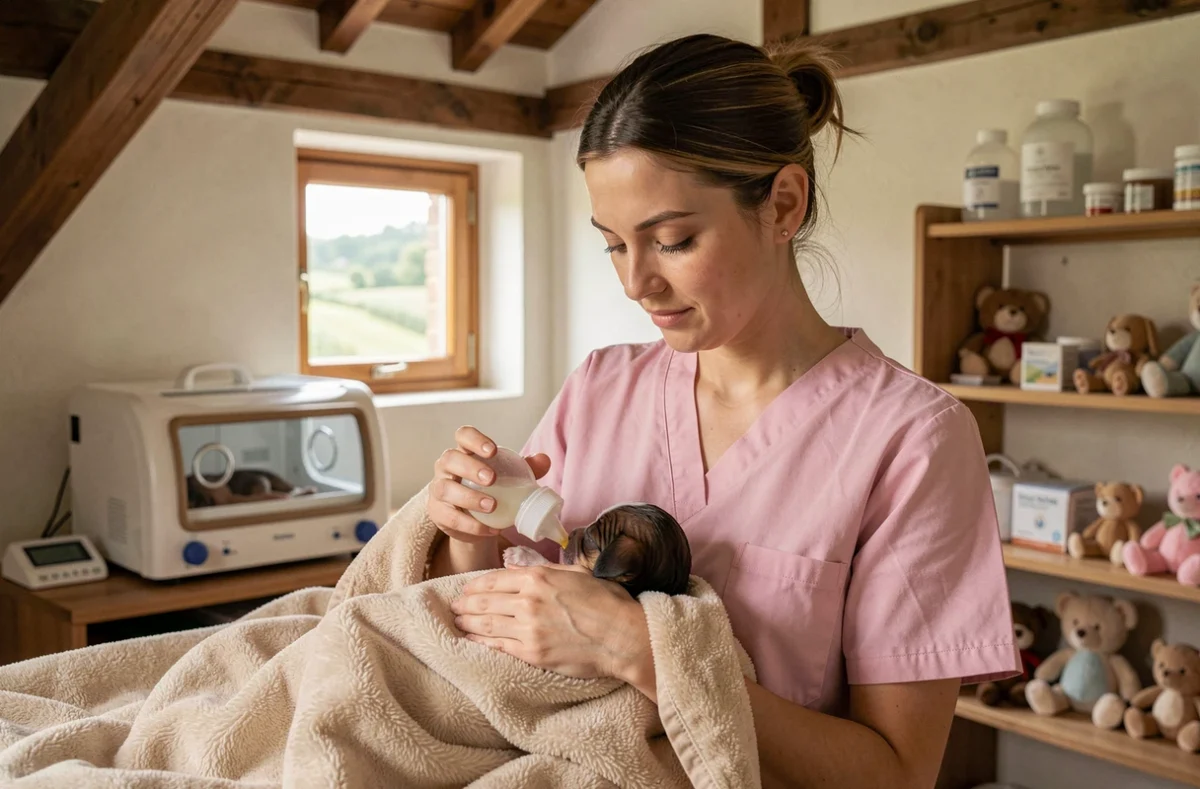 La Pouponnerie à Virey-sous-Bar : vétérinaire nourrissant au biberon un chiot nouveau-né dans une pouponnière vétérinaire rurale