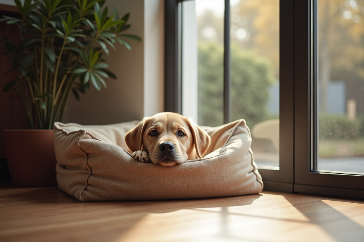 Petit labrador reposant dans un panier douillet à la maison