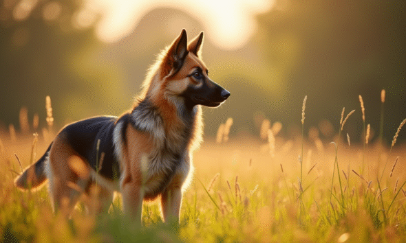Chien Laekenois belge dans un pré ensoleille