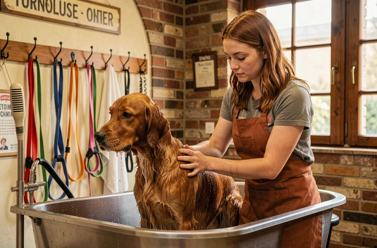 Toiletteuse du salon Le Chien Roux à Toulouse baignant un setter irlandais au pelage roux dans un bac de toilettage