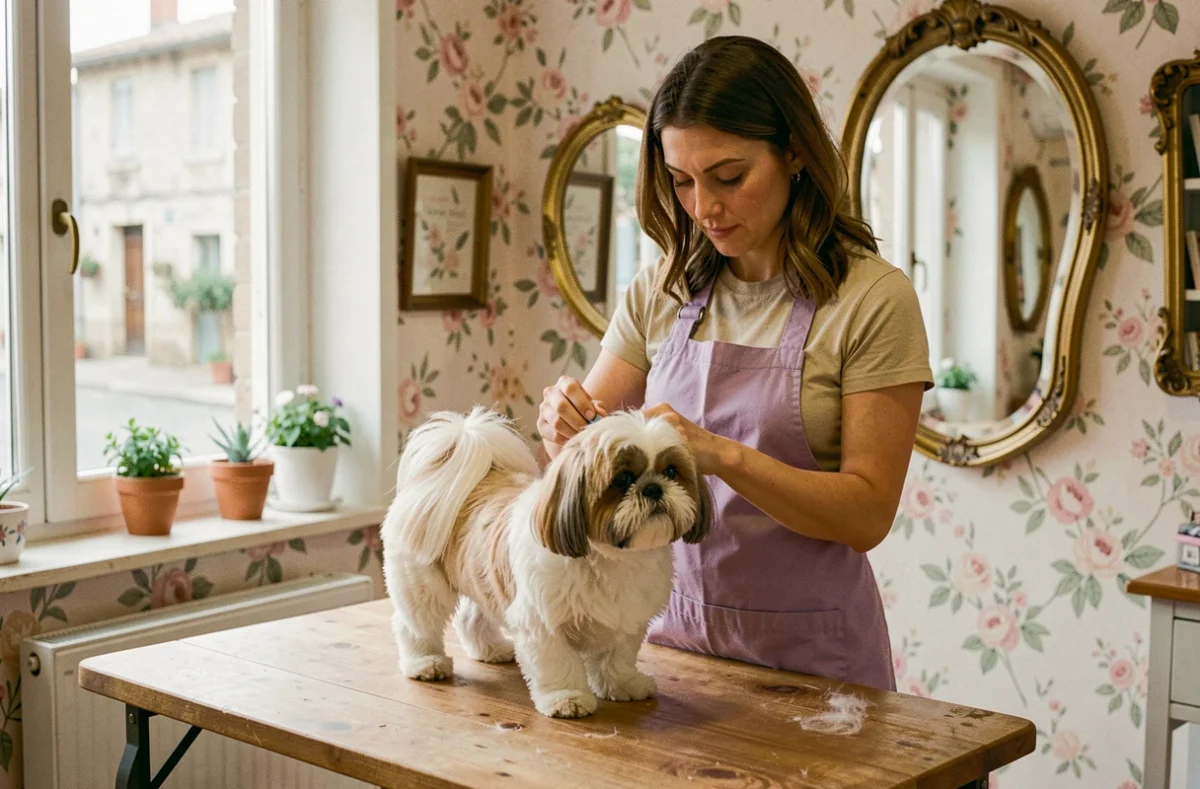 Toiletteuse du salon Le Monde de Belle à Gagnac-sur-Garonne brossant délicatement un Shih Tzu dans un cadre chaleureux